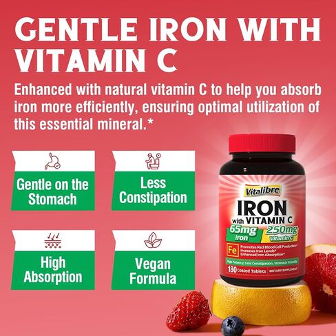Iron Supplement 65mg with Vitamin C, Stomach Friendly Carbonyl Iron, High Potency & Absorption, for Healthy Iron & Energy Levels, Supports Red Blood Cell Production, 120 Tablets in Saudi Arabia