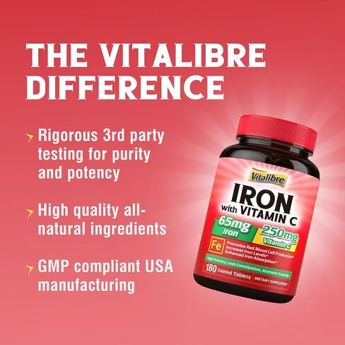 Iron Supplement 65mg with Vitamin C, Stomach Friendly Carbonyl Iron, High Potency & Absorption, for Healthy Iron & Energy Levels, Supports Red Blood Cell Production, 120 Tablets in Saudi Arabia