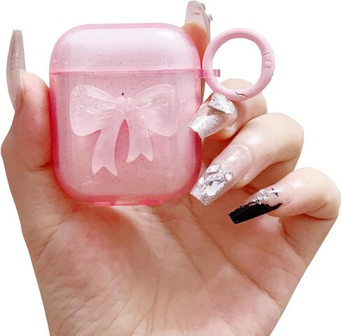 حافظة لجهاز AirPods Pro الجيل الثاني بفيونكة وردية لامعة شفافة لطيفة، للسيدات الجماليات مع سلسلة مفاتيح غطاء سماعة أذن واقي لـ AirPod Pro in Kuwait