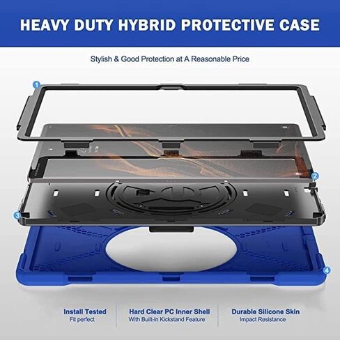 Shockproof Case for Galaxy Tab S8 Ultra 14.6 Inch 2022, Heavy Duty Rugged Cover with 360 Rotating Hand Belt Shoulder Strap S Pen Holder for Samsung Tab Ultra 14.6'' Tablet, Blue in Saudi Arabia