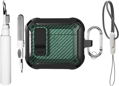 SKPY Lock Case Compatible with AirPods 4 / with ANC (2024), Carbon Fiber Pattern Military Armor Shockproof Protective Case Cover with Cleaning Kit and Lanyard for Men Women in Saudi Arabia