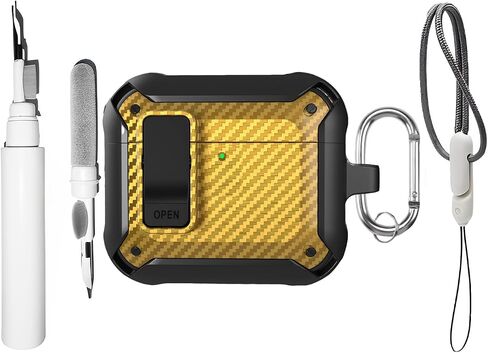 SKPY Lock Case Compatible with AirPods 4 / with ANC (2024), Carbon Fiber Pattern Military Armor Shockproof Protective Case Cover with Cleaning Kit and Lanyard for Men Women in Saudi Arabia