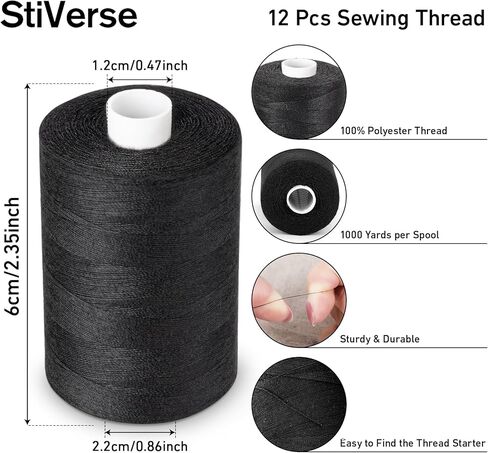 Thread for Sewing, Black Sewing Thread 1000 Yard Per Spool Polyester Black Thread, All Purpose Thread, Sewing Machine Thread Assortment for Hand Sewing with Needle Threaders and Thimbles in Saudi Arabia