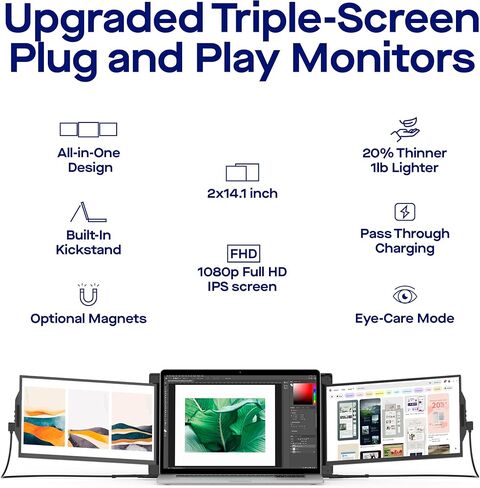 شاشات كمبيوتر محمول ثلاثية الشاشات مطورة جديدة من Mobile Pixels، شاشة محمولة، شاشة ثلاثية 13.3 بوصة لأجهزة الكمبيوتر المحمولة مقاس 13 بوصة - 14 بوصة، حامل مدمج (13.3 بوصة، شاشتان منزلقتان مدمجتان، TRO جديد) in Kuwait