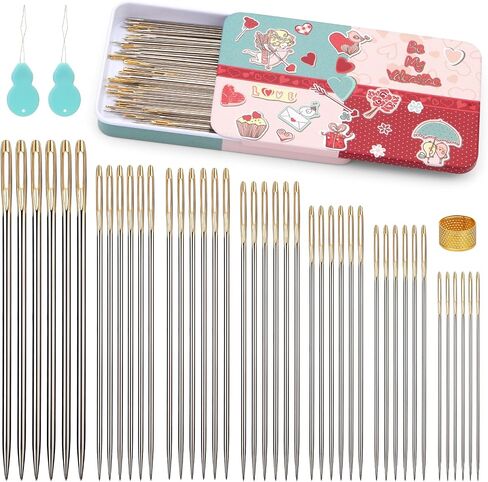GarfxG 75 PCS Large Eye Sewing Needles, 5 Sizes Sewing Sharp Needles, Leather Needle Embroidery Thread Needle, Stainless Steel Yarn Knitting Needles with Threaders for Hand Sewing Art Crafts in Saudi Arabia