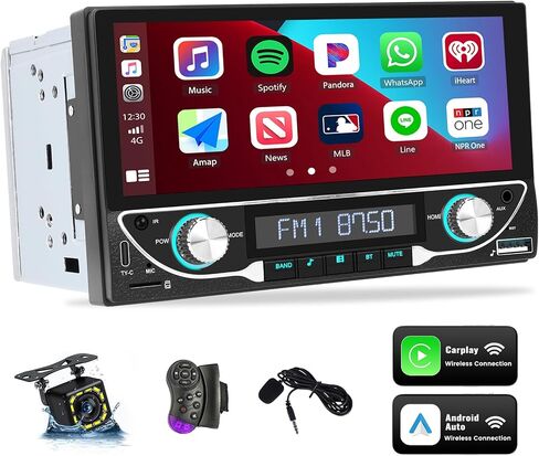 UNITOPSCI Double Din Wireless Apple CarPlay Android Auto Car Stereo Bluetooth Car Radio 6.86 بوصة شاشة لمس رقمية مرآة وصلة FM USB/AUX/TF مدخل، نوع C + كاميرا احتياطية وميكروفون للتحكم عن بعد in Saudi Arabia