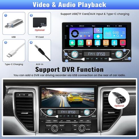 UNITOPSCI Double Din Wireless Apple CarPlay Android Auto Car Stereo Bluetooth Car Radio 6.86 بوصة شاشة لمس رقمية مرآة وصلة FM USB/AUX/TF مدخل، نوع C + كاميرا احتياطية وميكروفون للتحكم عن بعد in Saudi Arabia