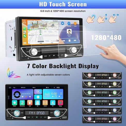 UNITOPSCI Double Din Wireless Apple CarPlay Android Auto Car Stereo Bluetooth Car Radio 6.86 بوصة شاشة لمس رقمية مرآة وصلة FM USB/AUX/TF مدخل، نوع C + كاميرا احتياطية وميكروفون للتحكم عن بعد in Saudi Arabia