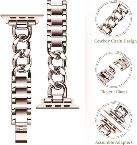 Stainless Steel Bands Compatible for Apple Watch Band iWatch SE SE2 Series 8/7/6/5/4/3/2/1, Dressy Fancy Cowboy Chain Metal Bracelet for Women Man in Kuwait