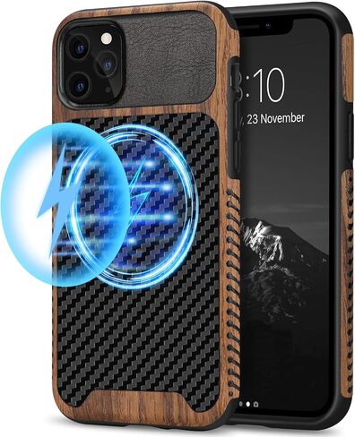 TENDLIN Compatible with iPhone 11 Pro Max Case Wood Grain with Carbon Fiber Texture Design Leather Hybrid Case in Saudi Arabia