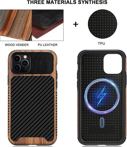 TENDLIN Compatible with iPhone 11 Pro Max Case Wood Grain with Carbon Fiber Texture Design Leather Hybrid Case in Saudi Arabia