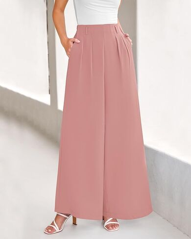 BTFBM Women's Elegant Flowy Dress Pants Front Pleated High Waisted Casual Wide Leg Loose Palazzo Trousers with Pockets in Kuwait