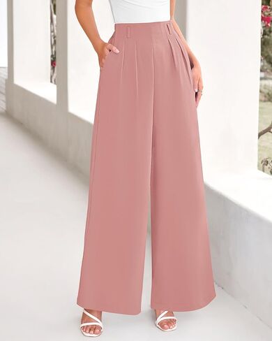 BTFBM Women's Elegant Flowy Dress Pants Front Pleated High Waisted Casual Wide Leg Loose Palazzo Trousers with Pockets in Kuwait
