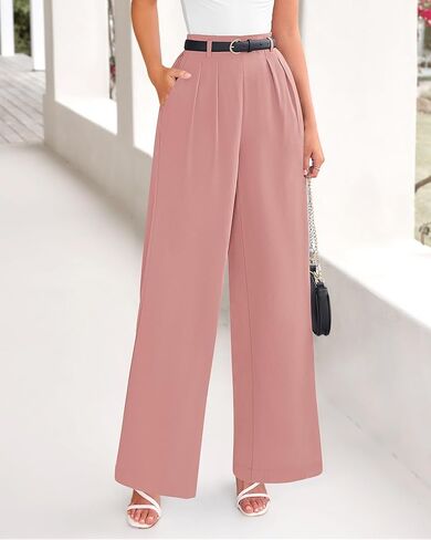BTFBM Women's Elegant Flowy Dress Pants Front Pleated High Waisted Casual Wide Leg Loose Palazzo Trousers with Pockets in Kuwait