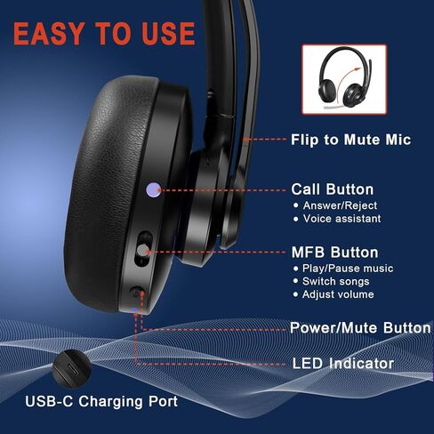 سماعة رأس لاسلكية مع ميكروفونات مزدوجة لإلغاء الضوضاء، سماعة رأس بلوتوث من الفئة 1 مع زر كتم الصوت، وقت التحدث لأكثر من 30 ساعة للعمل المنزلي في المكتب مع الفرق/التكبير/التصغير/الكمبيوتر المحمول والكمبيوتر اللوحي الذكي من Skype in Kuwait