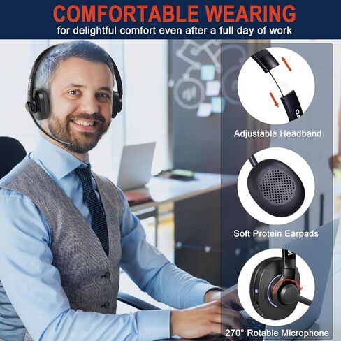 سماعة رأس لاسلكية مع ميكروفونات مزدوجة لإلغاء الضوضاء، سماعة رأس بلوتوث من الفئة 1 مع زر كتم الصوت، وقت التحدث لأكثر من 30 ساعة للعمل المنزلي في المكتب مع الفرق/التكبير/التصغير/الكمبيوتر المحمول والكمبيوتر اللوحي الذكي من Skype in Kuwait