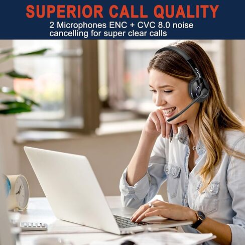 سماعة رأس لاسلكية مع ميكروفونات مزدوجة لإلغاء الضوضاء، سماعة رأس بلوتوث من الفئة 1 مع زر كتم الصوت، وقت التحدث لأكثر من 30 ساعة للعمل المنزلي في المكتب مع الفرق/التكبير/التصغير/الكمبيوتر المحمول والكمبيوتر اللوحي الذكي من Skype in Kuwait
