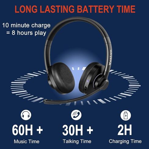 سماعة رأس لاسلكية مع ميكروفونات مزدوجة لإلغاء الضوضاء، سماعة رأس بلوتوث من الفئة 1 مع زر كتم الصوت، وقت التحدث لأكثر من 30 ساعة للعمل المنزلي في المكتب مع الفرق/التكبير/التصغير/الكمبيوتر المحمول والكمبيوتر اللوحي الذكي من Skype in Kuwait