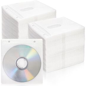 Fasmov 500 Pack Premium CD DVD Sleeves, Double Sided Refill Plastic Sleeve Disc Sleeves with Non-Woven Fabric for CD and DVD Storage Binders Disc Case (White)