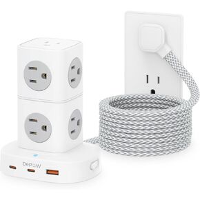 Tower Power Strip with 9 Outlets 3 USB (2 USB C), Surge Protector Tower 1250W/10A, 1700J, 5Ft Removable Multiple Outlets Power Strip Tower, Ideal for Dorms, Home Office, Travel, Hotels