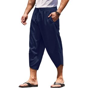COOFANDY Men's Linen Harem Capri Pants Lightweight Loose 3/4 Shorts Drawstring Elastic Waist Casual Beach Yoga Trousers