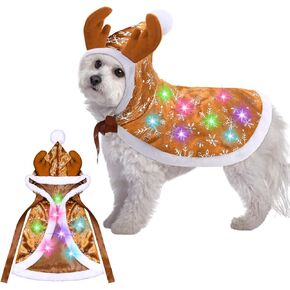 عيد الميلاد الرنة الكلب زي ملابس عيد الميلاد مع ضوء ملون الكلب الرنة كيب موس عباءة تأثيري حلي للجرو الصغير القط هريرة فستان حفلة عيد الميلاد، البطاريات غير المدرجة (كبير)