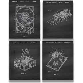 Govivo Computer Hard Drive Patents - A Set of Four Hard Drive Patents Wall Art Decor Prints with dark gray backgrounds - unframed artwork printed on photograph paper