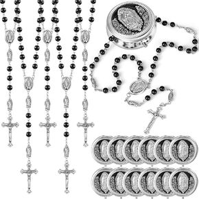 Jadive 24 Sets Catholic Rosary Necklace 6mm Glass Pearl Beaded Necklace with Metal Gift Box for Women Men Prayer Gift (Pink)
