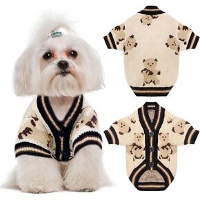 Cute Dog Sweater Soft Warm Fall Winter V-Neck Knitted Puppy Clothes Funny Bear Printed Doggy Sweatshirts with Sleeves Beige Pet Clothing Dog Cardigan Sweater for Small Dogs Cats(Beige,M)