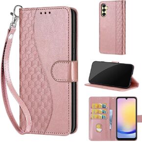 Designed for Samsung Galaxy A25 5G Case Wallet,Women Flip Folio Cover with Embossed PU Leather Stand Credit Card Holders Slots Wrist Strap Phone Case for Samsung A25 5G (Rose Gold)