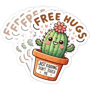 Cactus Stickers Funny Free Hugs Just Kidding Don't Touch Me Colors Vinyl Stickers, Weather-Resistant Sticker for Water Bottles, Laptop, Window, Car Size 4"