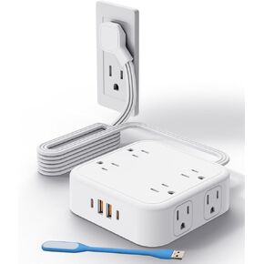 Surge Protector Power Strip - 5 Ft Flat Plug Extension Cord with 8 Widely Outlets and 4 USB Ports(2 USB C), 3 Side Outlet Extender for Home Office, White, ETL Listed,Gift a USB Night Light