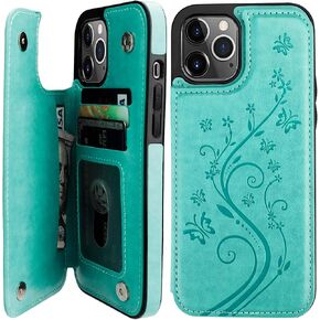 Vaburs Compatible with iPhone 12 Pro Max Case Wallet with Card Holder,Embossed Butterfly Pattern PU Leather Double Magnetic Buttons Flip Shockproof Cover for iPhone 12 Pro Max 6.7 Inch(Green)