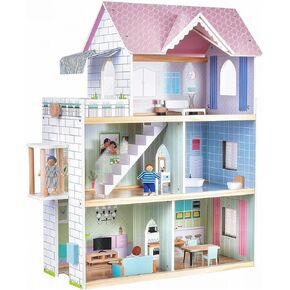 Giant bean Dreamy Wooden Dollhouse for Girls with 32 Pcs Furniture Accessories, 3-Story Large Doll House 5 Rooms Balcony Wooden Stairs, Ideal Dollhouse Playset Toy Gift for Kids & Toddlers Ages 3+
