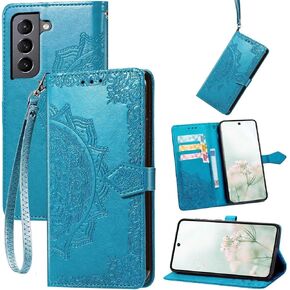 Compatible for Samsung Galaxy S21 5G Case Wallet,Women Flip Folio Cover with Mandala Embossed PU Leather Stand Card Holders Slots Wrist Strap Phone Case for Samsung S21 5G 6.1" (Purple)