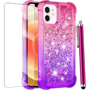 for iPhone 12 Case Glitter/iPhone 12 Pro Case with Screen Protector, Girls Women Cute Girly Luxury Bling Sparkly Liquid Floating Soft TPU Slim Shockproof Protective Phone Cover -Pink Purple