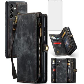 Asuwish Phone Case for Samsung Galaxy A54 5G Zipper Wallet Detachable Cover with Tempered Glass Screen Protector and Leather Flip Card Holder Cell Accessories A 54 54A SM A546U 2023 Women Men Brown