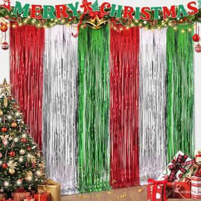 4 Pack Christmas Party Decorations, Christmas Foil Fringe Curtains with Merry Christmas Banner, Red Green Silver Tinsel Streamer Christmas Party Backdrop, Ugly Sweater Party 3.3 x 6.6 ft