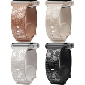 4 Pack Sunflower Engraved Bands Compatible with Apple Watch Band 40mm 41mm 38mm 42mm 44mm 45mm 49mm Women, Soft Silicone Glossy Floral Strap for iWatch Bands Series Ultra 9 8 7 6 SE 5 4 3 2 1