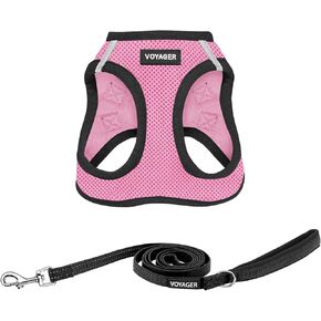 Voyager Step-in Air All Weather Mesh Harness and Reflective Dog 5 ft Leash Combo with Neoprene Handle, for Small, Medium and Large Breed Puppies by Best Pet Supplies - Pink Base, XXS