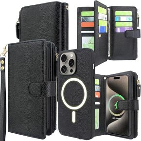Harryshell Detachable Magnetic Case Wallet for iPhone 15 Pro Max Compatible with MagSafe Wireless Charging Protective Cover Multi Card Slots Cash Coin Zipper Pocket Wrist Strap (Floral Deep Purple)