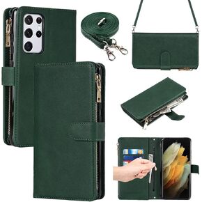 iCoverCase for Samsung Galaxy S21 Wallet Case with Card Holder, Kickstand Feature PU Leather Case with Adjustable Crossbody Lanyard Magnetic Clasp Zipper Pocket Flip Cover (Rose Gold)