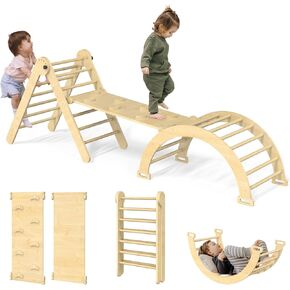 Pikler Climbing Triangle Set, 5-in-1 Montessori Wooden Foldable Climbing Set, Indoor Climbing Triangle Playground Toys Set for Kids (Natural)