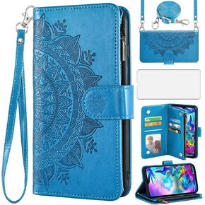 Asuwish Phone Case for LG G8X ThinQ V50S Thin Q Wallet Cell Cover with Screen Protector Lanyard Wrist Strap Mandala Flower Flip Zipper Card Holder Slot Stand LGG8XThinQ GX8 8X Women Girls Blue