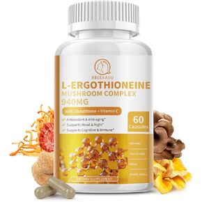 L-Ergothioneine Mushroom Complex Capsules Supplements with L-Ergothioneine 5MG, Organic Mushroom Extracts 940MG, Glutathione 150MG for Immune Support & Brain Supplement, Vegan, 120 Counts