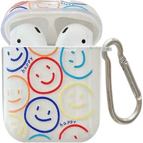 Airpods Case Cover,JANDM Cute Double Side Smiley Face Clear Soft Silicone Smooth Shockproof with Keychain Girls Kids Women airpods Smiley face Case for Airpods 2 & 1 Charging Case Cover