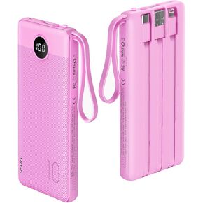 VRURC Portable Charger 10000mAh, Slim LED Display Power Bank, 5 Output 2 Input Cell Phone Battery Pack, Built-in Micro & USB C Cables Phone Charger Compatible with iPhone,Samsung,Android-White(1 Pack)