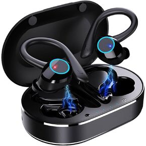 Ear hook Wireless Workout Earbuds, Bluetooth 5.1 Headphones, 28Hrs Playtime, HiFi Stereo, Sweatproof, Noise Cancelling, Lightweight, 500mAh battery, Ideal for Cycling, Sport, Running, Driving.,Black