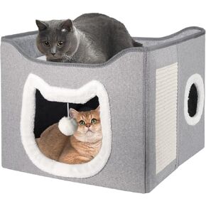 Cat House for Indoor Cats - Covered Cat Bed Cave with Fluffy Ball ad Scratch Pad, Foldable Cat Hideaway, Large Enclosed Cat House Bed, Cat Condos, Grey