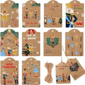 Yeaqee 120 Pcs Nutcracker Christmas Gift Tags with String Holiday Paper Name Tags Nutcracker Favor Tags Hanging Tag Labels for DIY Xmas Present Wrapping Party Decorations(White)